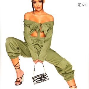 NWOT PrettyLittleThing Khaki Tie Front Bardot Cargo Jumpsuit Size 12
